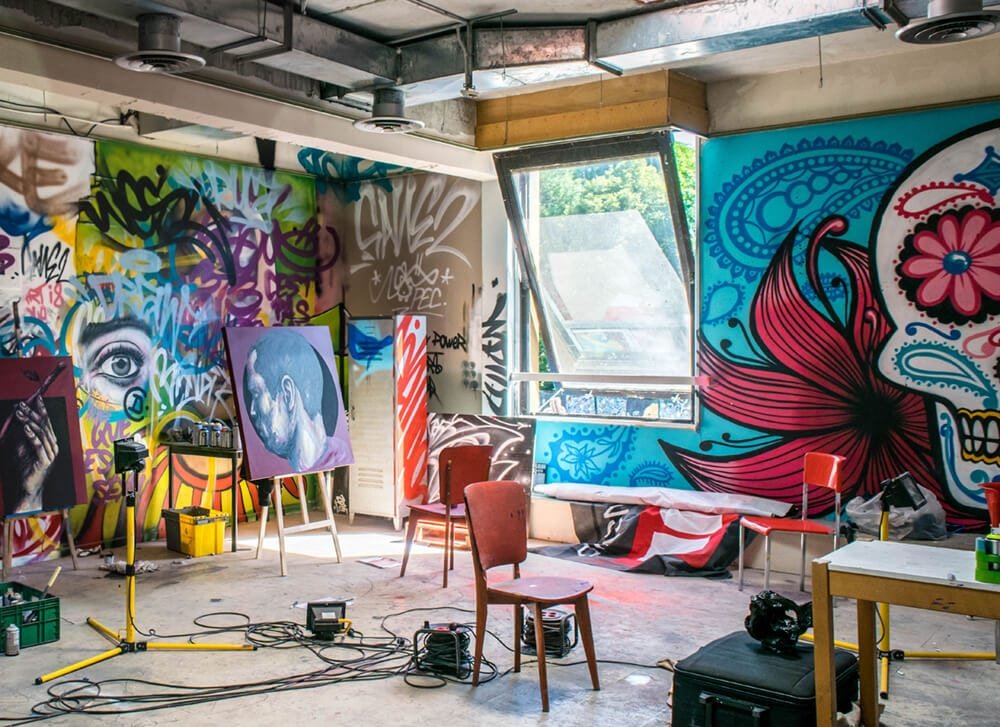 Art studio with easels and natural light
