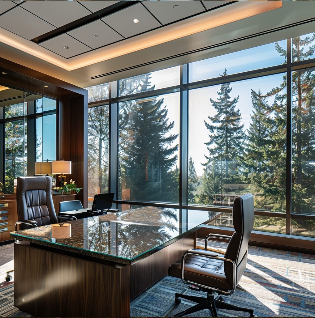 Modern executive office with floor-to-ceiling windows