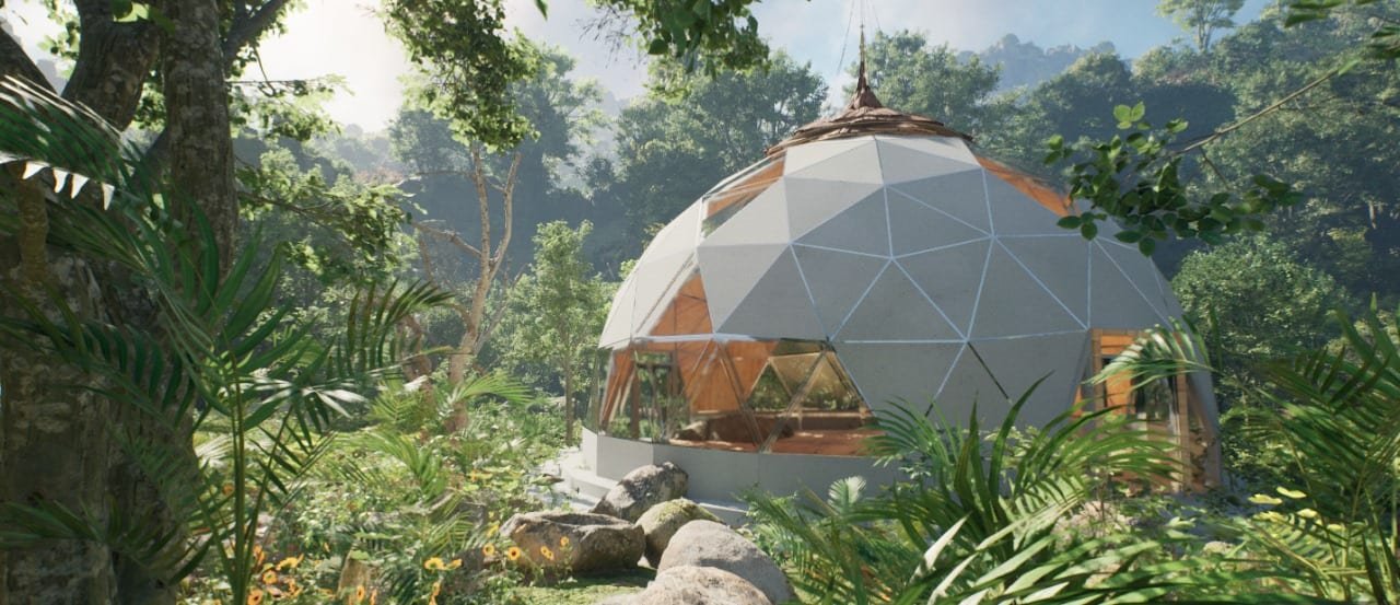 Row of geodesic domes in a mountain meadow