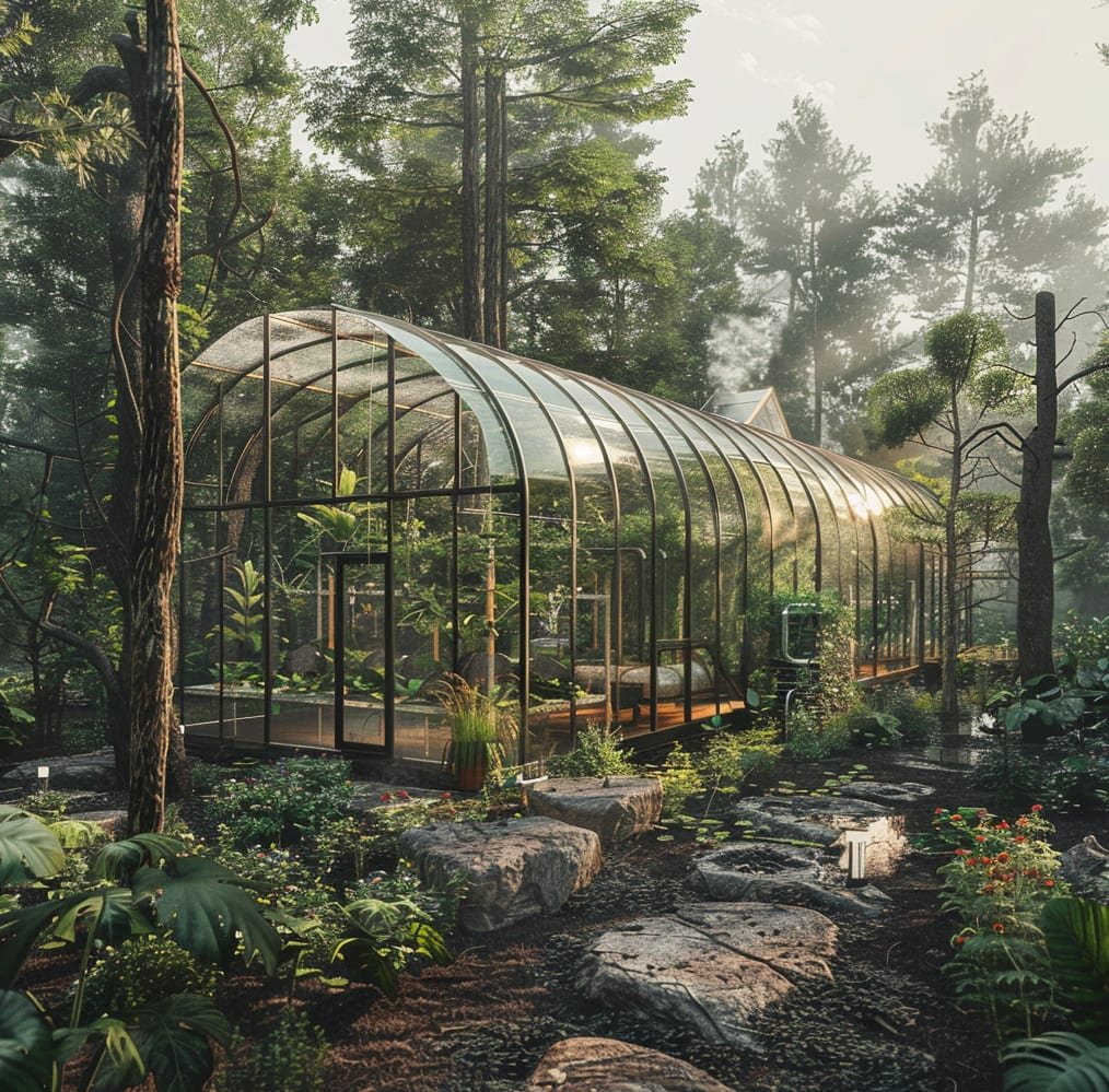 Large greenhouse set among forest trees