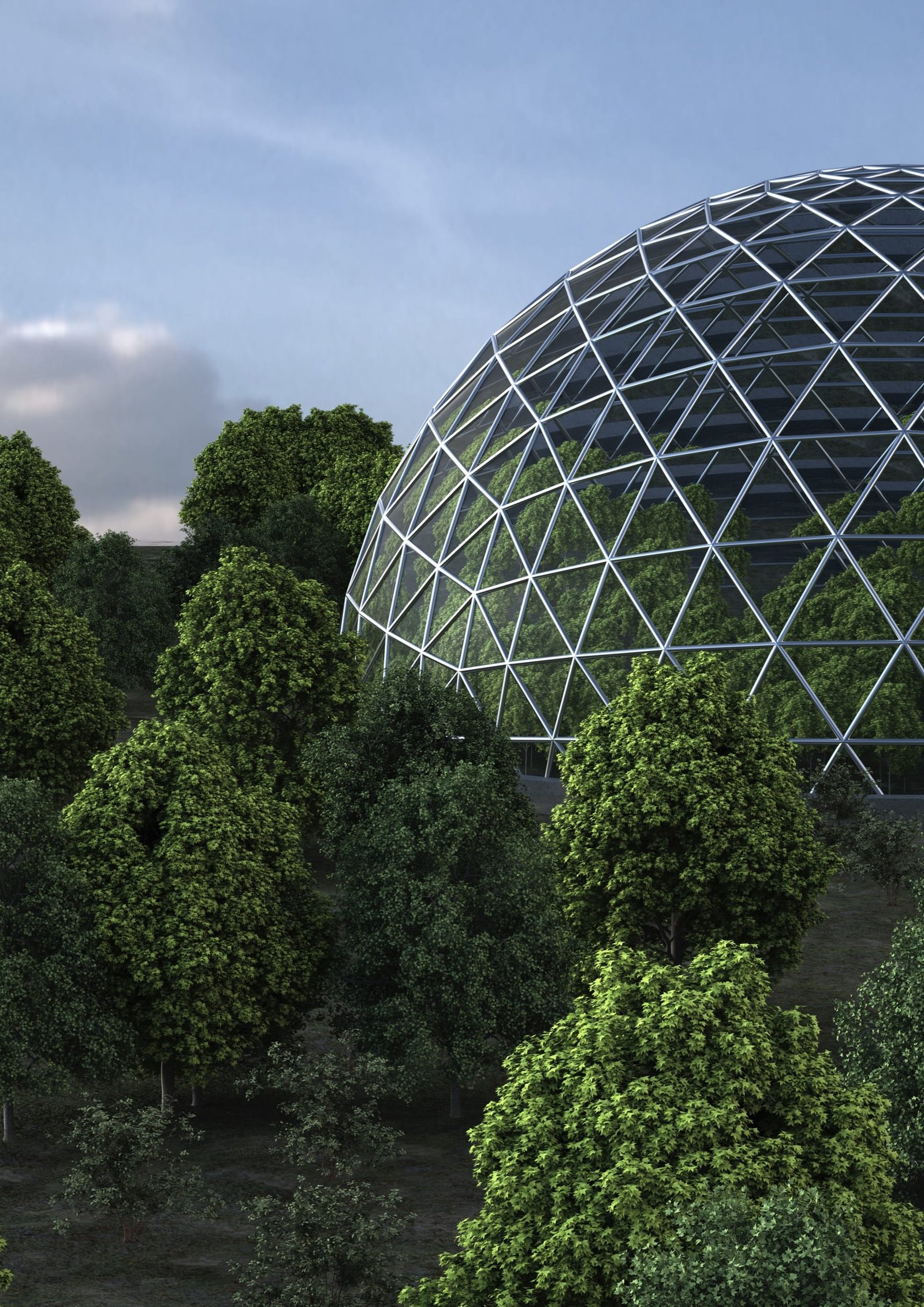 Glass geodesic dome rising from a forest