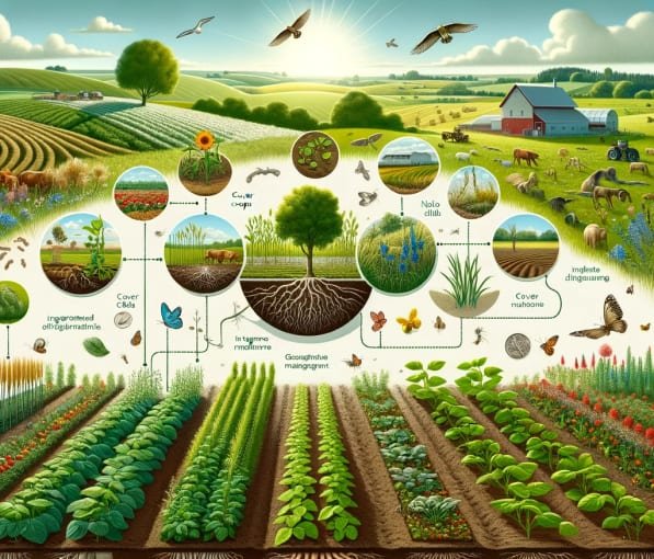 Illustration of a regenerative farm landscape and soil system