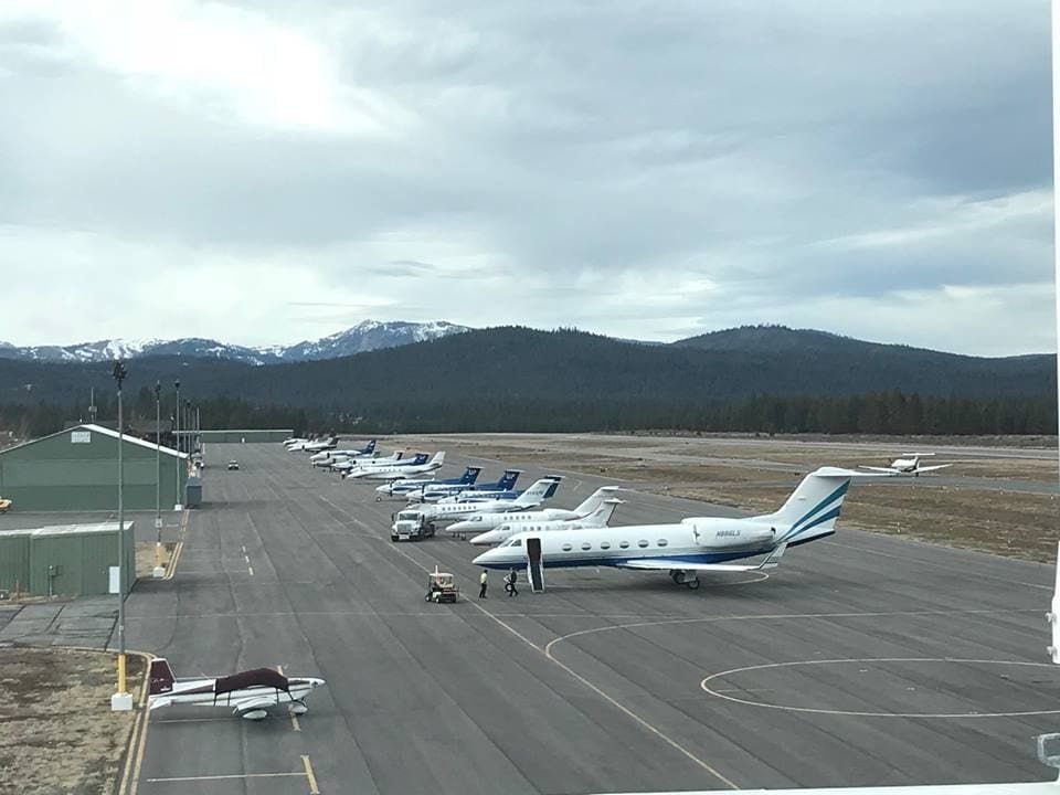 Private jets lined up on the apron at Truckee Tahoe Airport