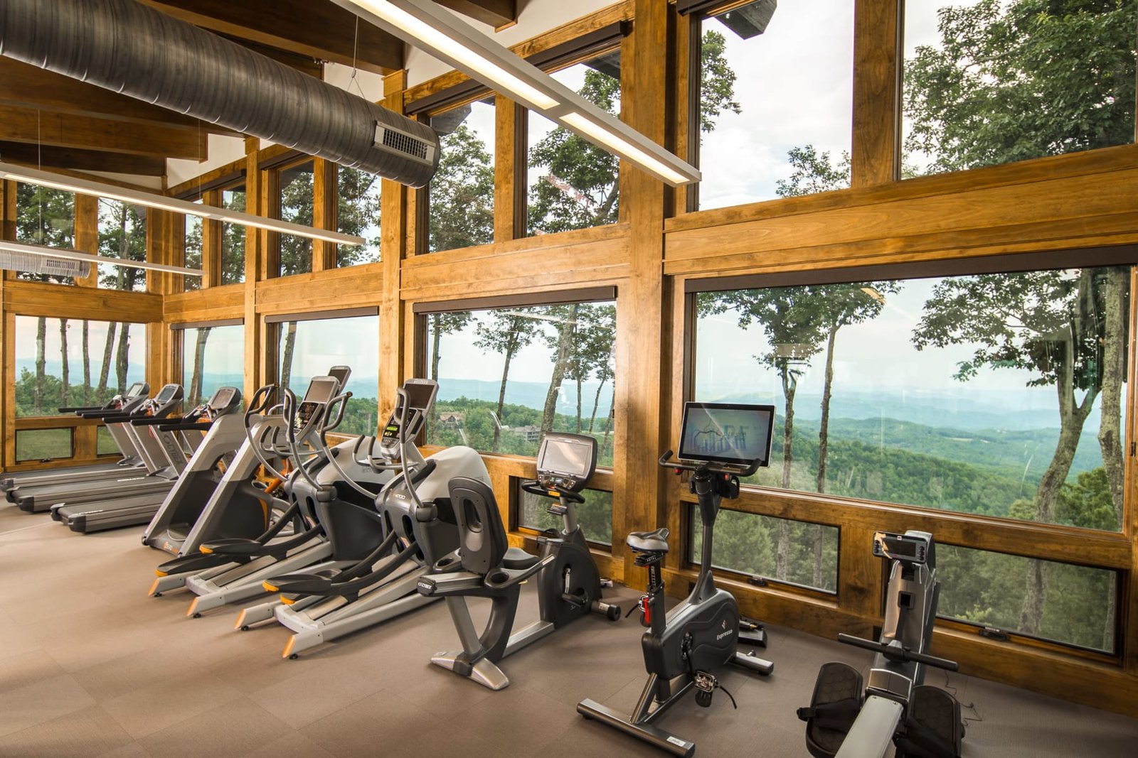 Timber-framed gym with cardio equipment facing the trees